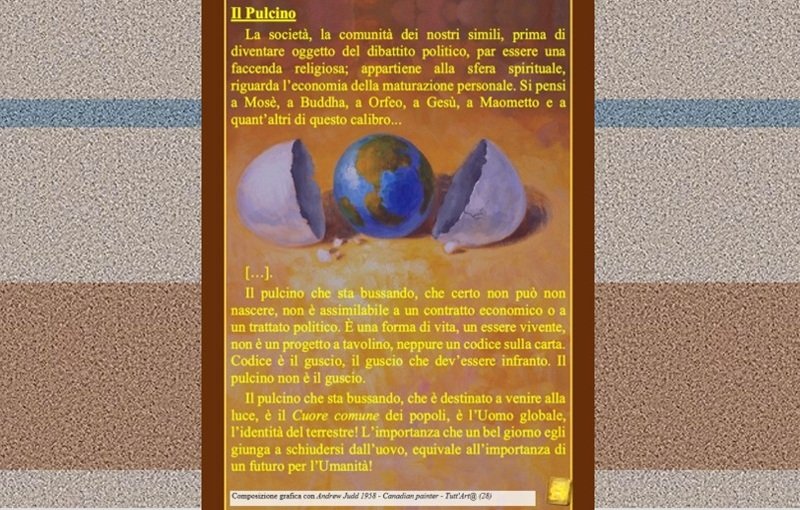 Composizione grafica con un dipinto di Andrew Judd: il pianeta Terra esce da un guscio dischiuso.